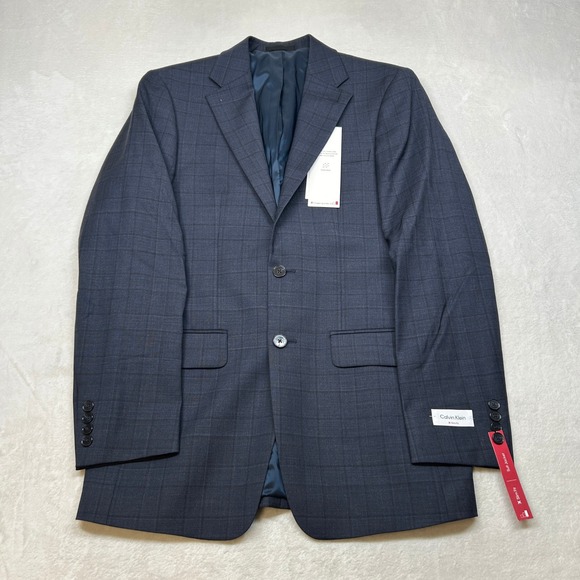 Calvin Klein Slim Fit Suit Jacket Mens 38L 38 Navy Blue‎ Plaid Blazer $450 NEW - Picture 2 of 11